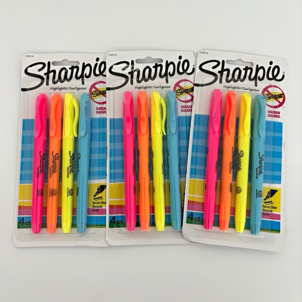 Sharpie Highlighter 4ct Smear Guard Narrow Chisel Tip Assorted Colors, 3pk